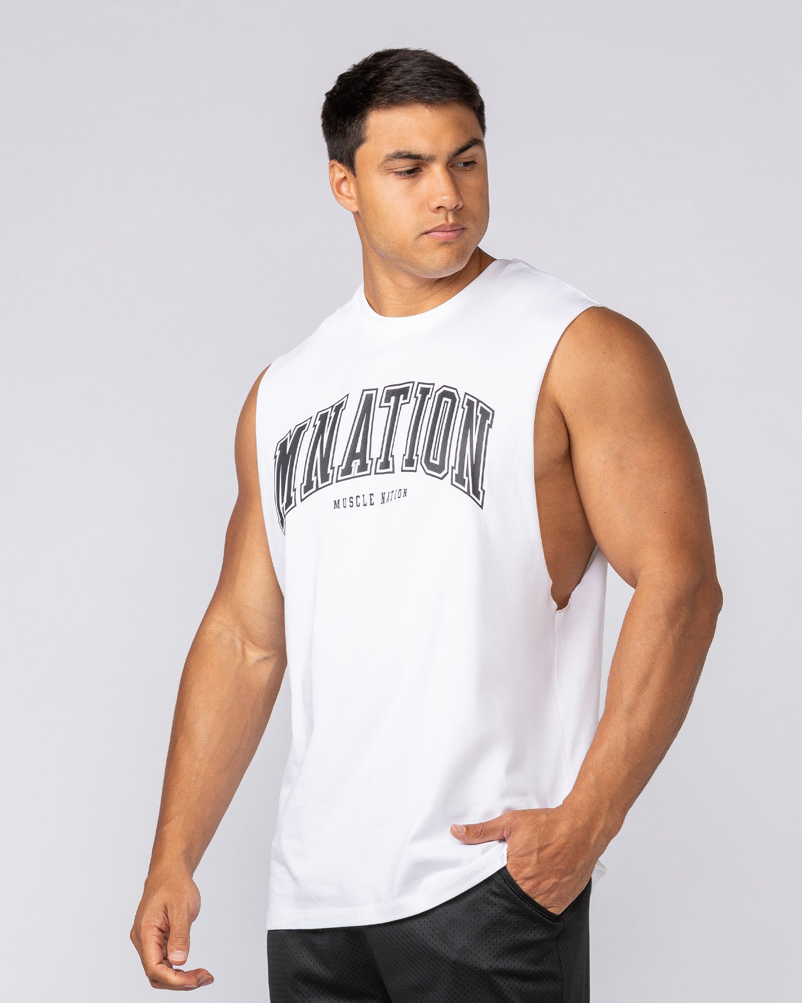 Varsity Training Drop Arm Tank - White-Singlets & Tanks-S-072503WHT-S-MNAPPRL44049-2-Muscle Nation