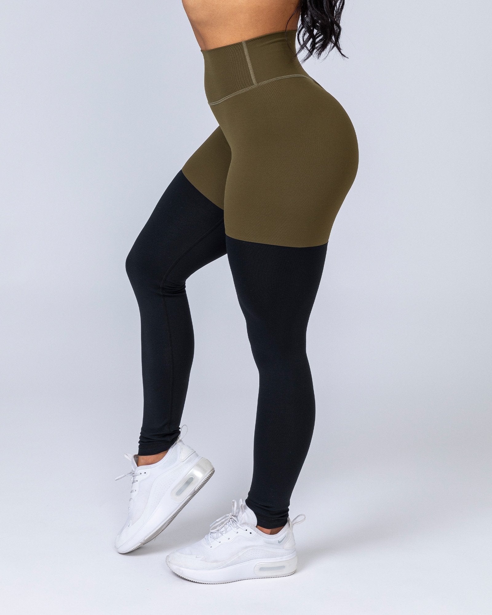 Two Tone Scrunch Leggings - Khaki / Black-Leggings-XS-MNAPPRL6684-MNAPPRL6684-4-Muscle Nation